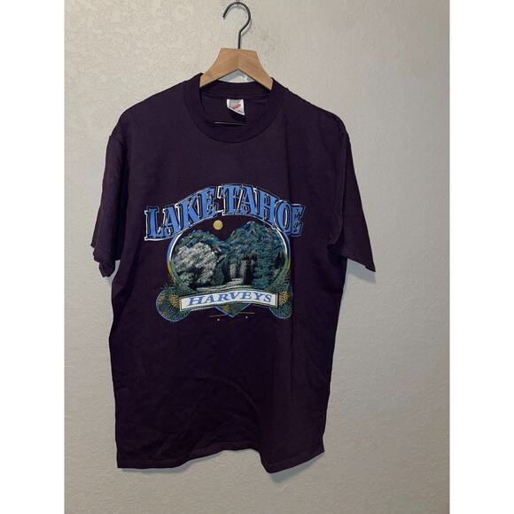 Vintage Lake Tahoe Shirt Harveys Tee Jerzees USA Purple 90s Graphic Large - Picture 9 of 12
